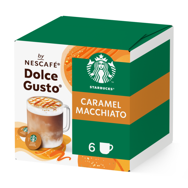 Front view of Starbucks Caramel Macchiato (12 pods) box